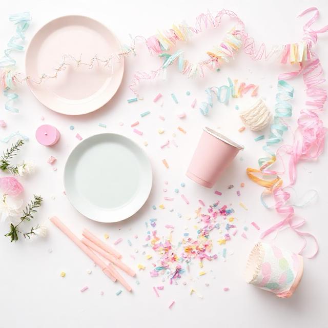 Party supplies flat lay: plates, cups, garlands, candles, confetti and piรฑata elements in soft pastels on white background, clean minimal composition