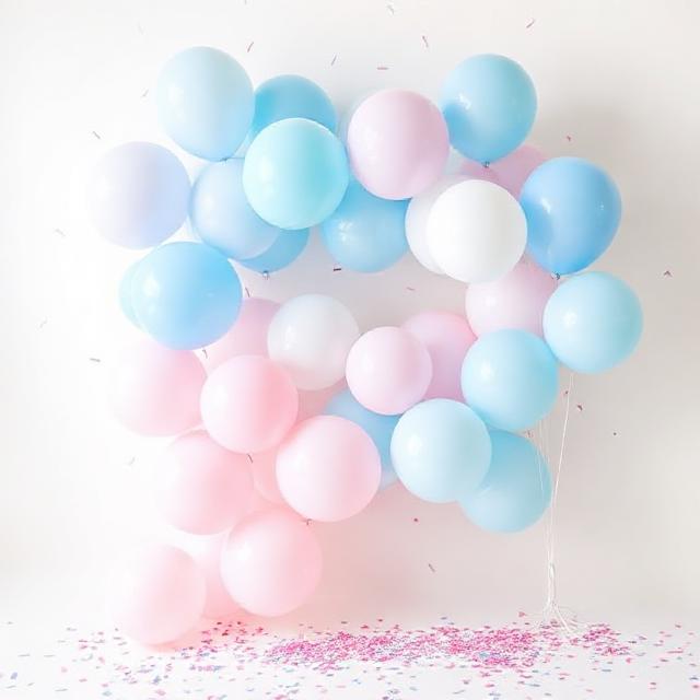 Baby shower and gender reveal balloon set, pastel blue and pastel pink mix, confetti, soft natural light, clean white background, stylish and modern